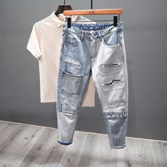 Street men's jeans broken personality patchwork broken seams