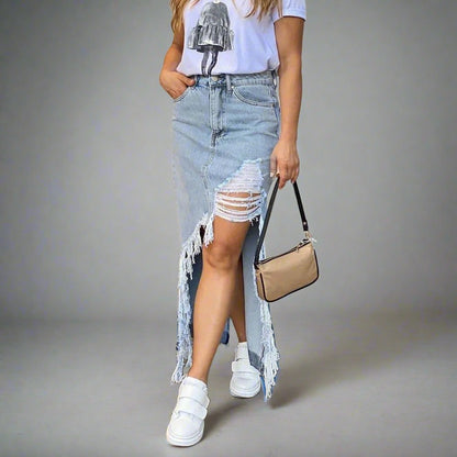 Women's Denim Skirt Street Trend European and American Fashion New Fashion Personalized Denim Shorts Slit Tassel Skirt