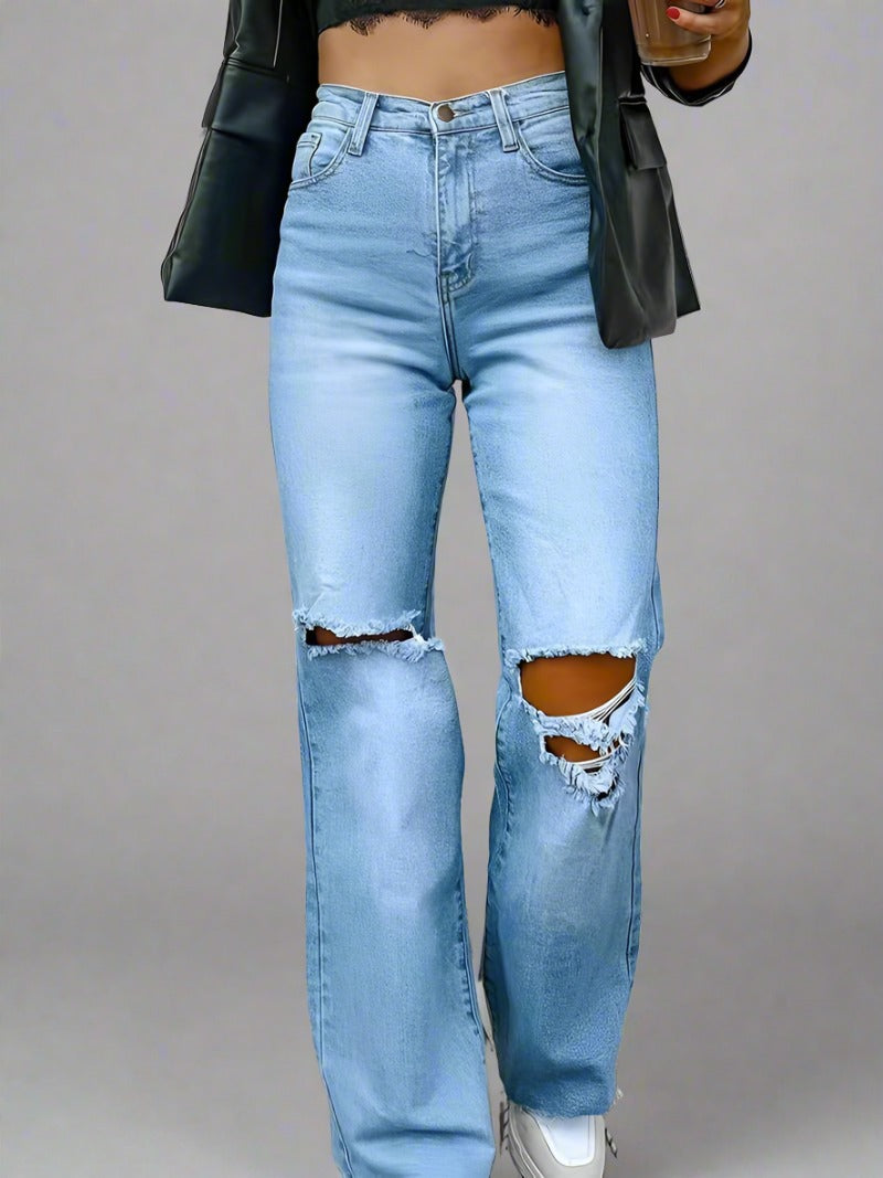 High Waist Loose Fit Ripped Jeans - Light Blue Raw Hem Denim