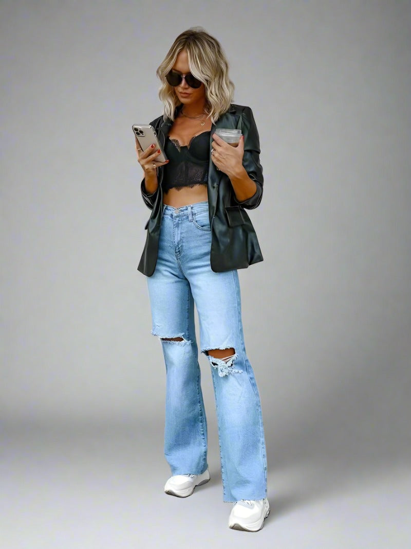 High Waist Loose Fit Ripped Jeans - Light Blue Raw Hem Denim