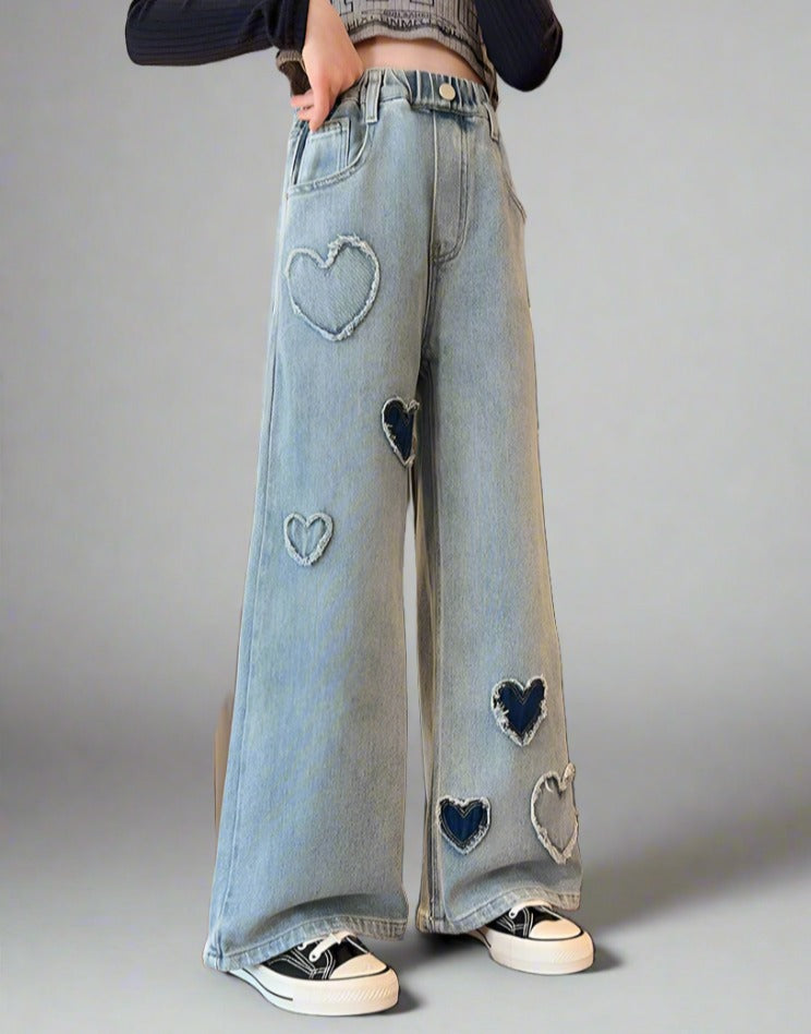 Heart Patch Girls' Wide Leg Jeans - Trendy & Comfortable