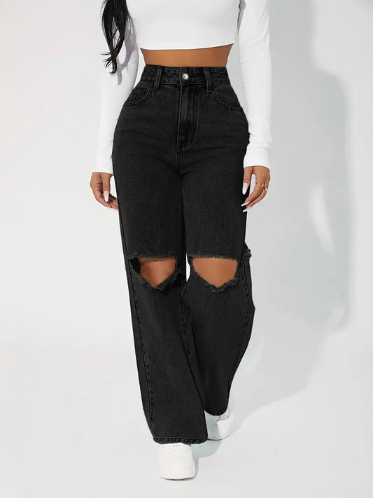 Women's Black Denim Jeans: High Rise Ripped Knee Boyfriend Jeans with Loose Fit Straight Legs