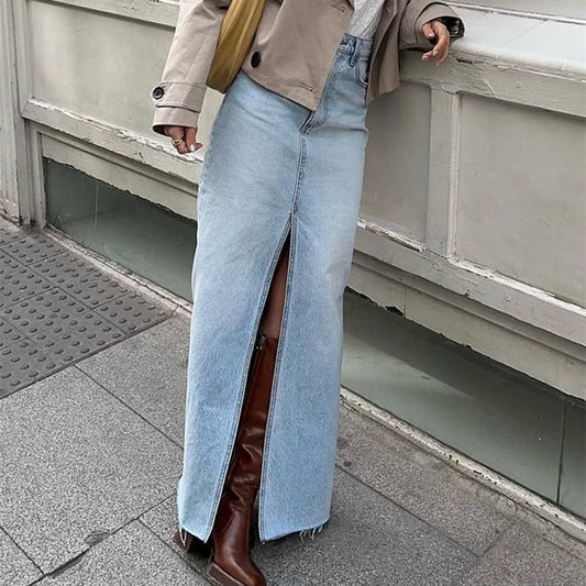 Stylish High-Waisted Washed Denim Skirt