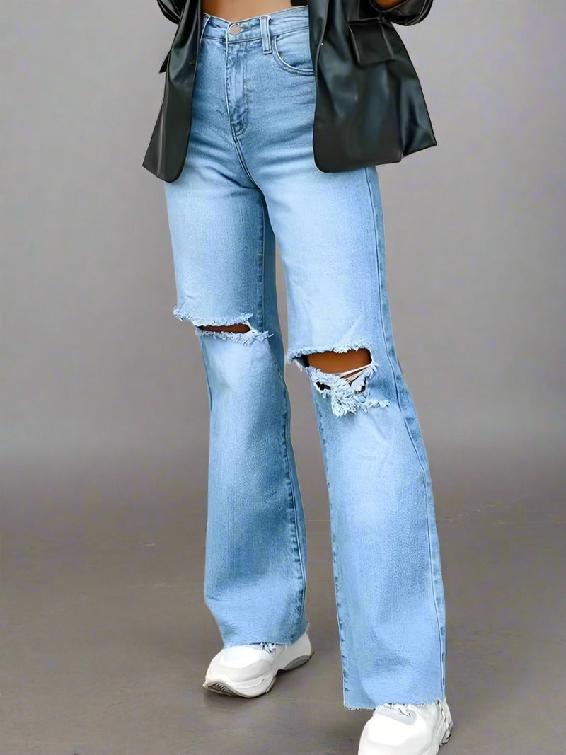 High Waist Loose Fit Ripped Jeans - Light Blue Raw Hem Denim