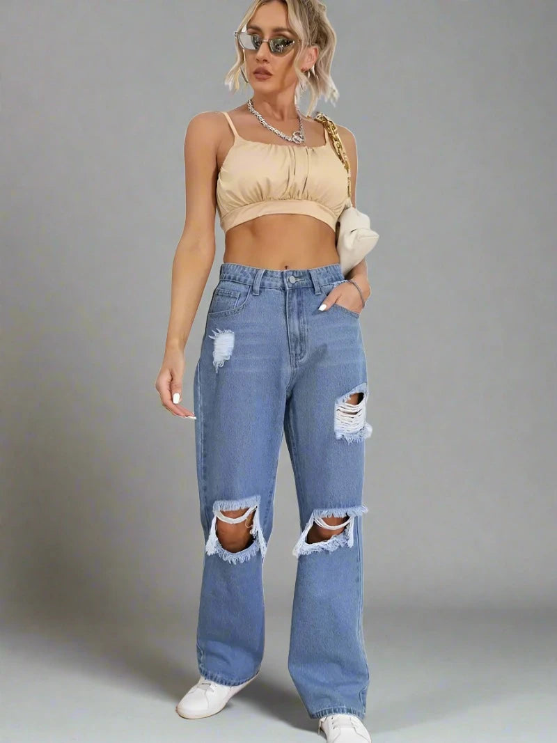 High Waist Loose Fit Ripped Jeans - Trendy Baggy Women's Denim