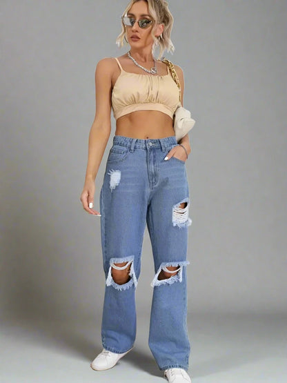 High Waist Loose Fit Ripped Jeans - Trendy Baggy Women's Denim