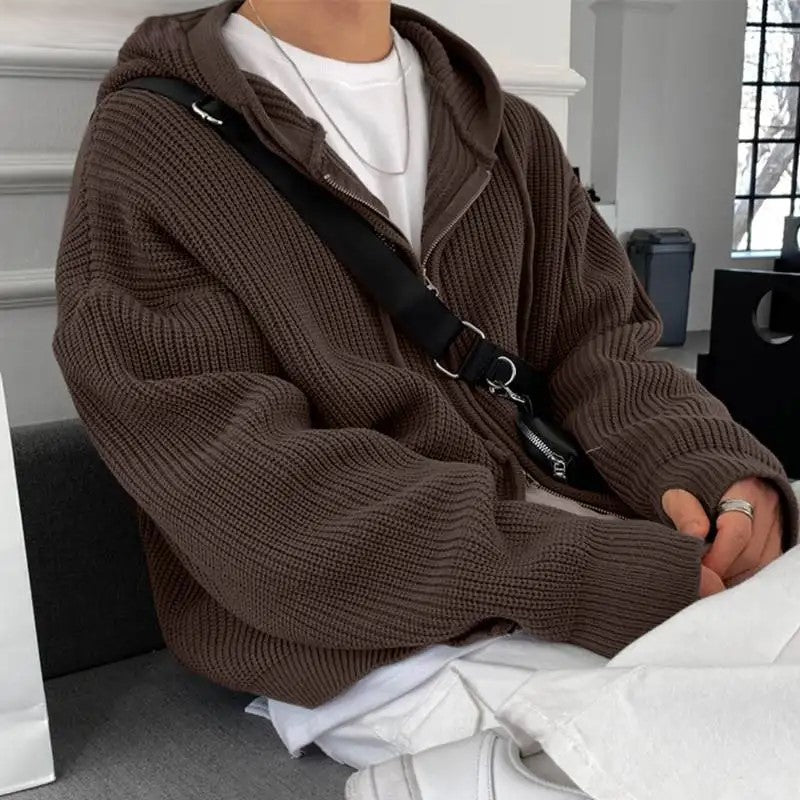 Tops Hooded Pit Knitted Sweater Casual Streetwear Male Double Head Zipper Long Sleeve Hoodie S-5XL