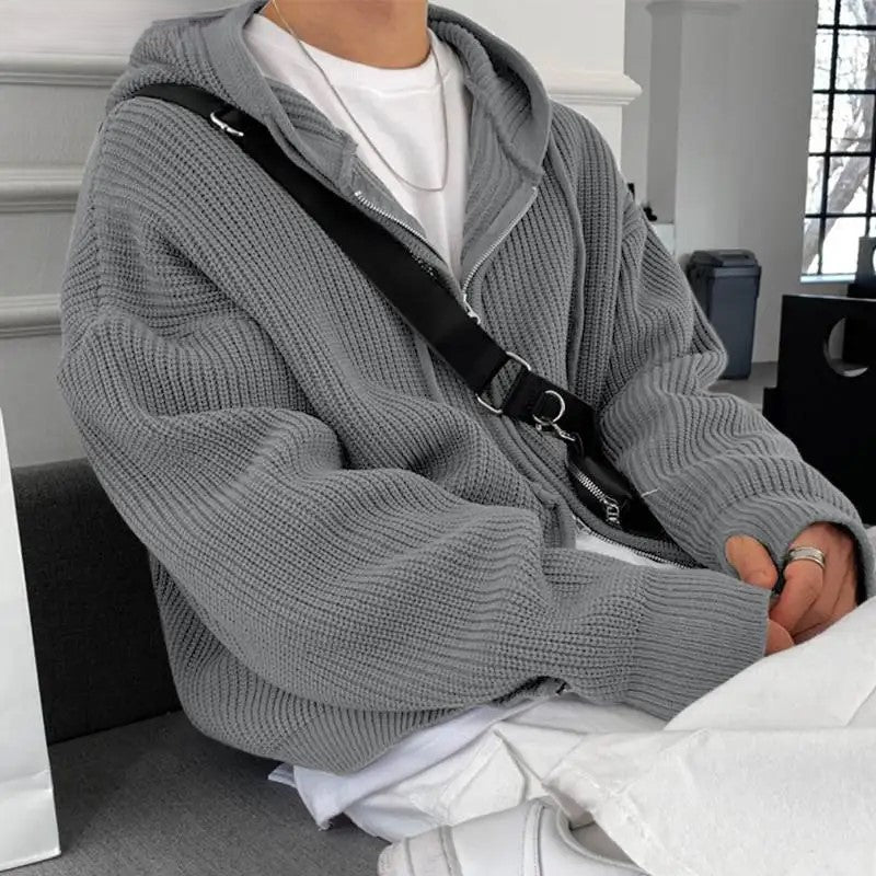 Tops Hooded Pit Knitted Sweater Casual Streetwear Male Double Head Zipper Long Sleeve Hoodie S-5XL